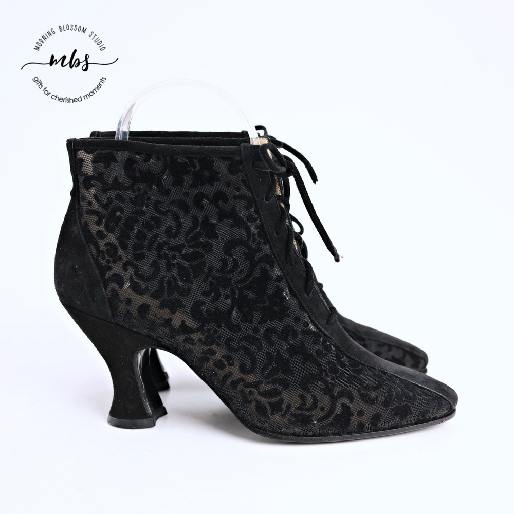 Yves Saint Laurent Damask Velvet Lace Up Curved Heel Booties Black Women 5